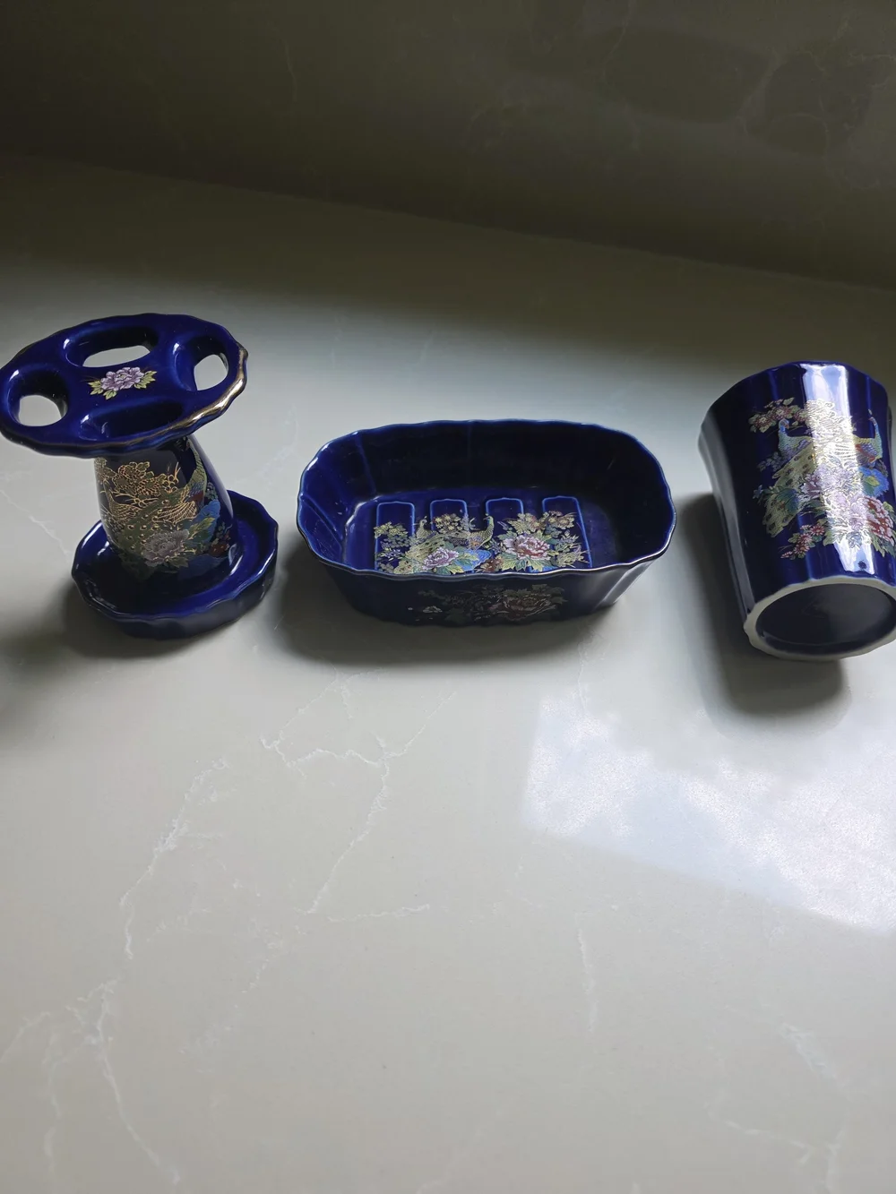 VIntage JAPANESE THREE PEICE Cobalt Blue PEACOCK & Floral Porcelain BATHROOM Set
